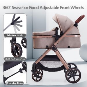 2 in 1 Baby Stroller, Newborn Infant Toddler Convertible Pram Stroller for 0-36 Months Old Babies (Beige) - 6