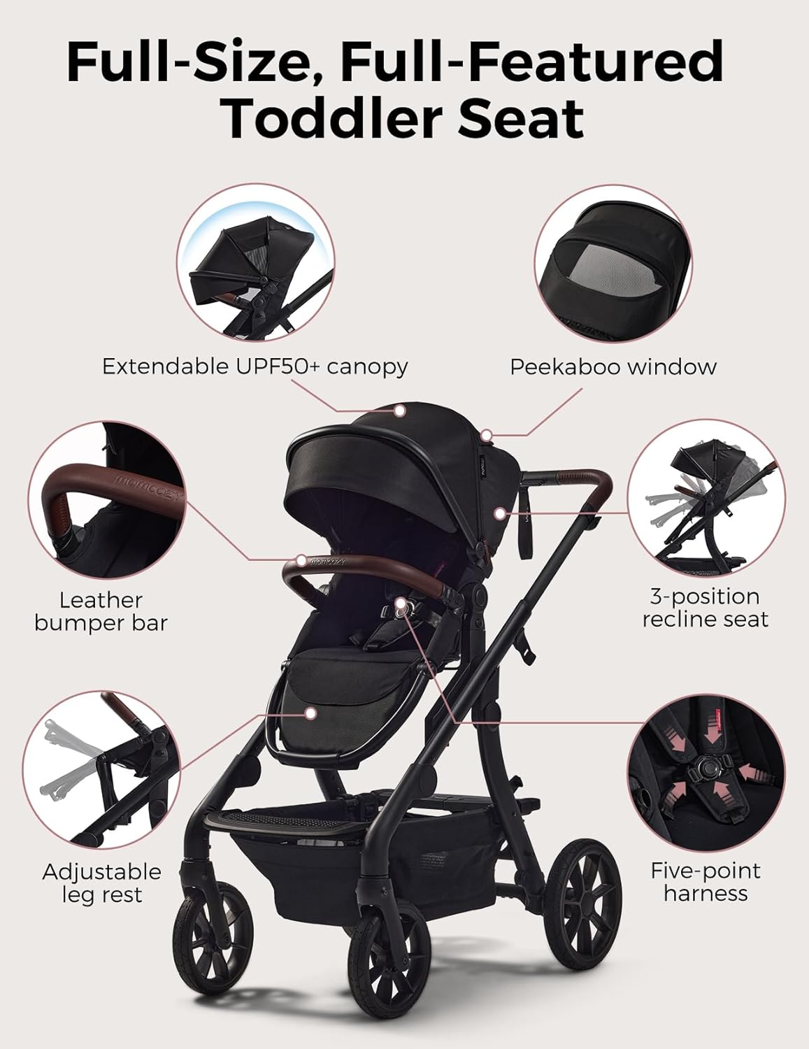 Momcozy ChangeGo Baby Stroller, Convertible Single-to-Double-to-Wagon Stroller with 23 Configurations, Bassinet, Seat Included, Large PU Wheels, All-Wheel Suspension ＆ Extendable UPF50+ Canopy - 4