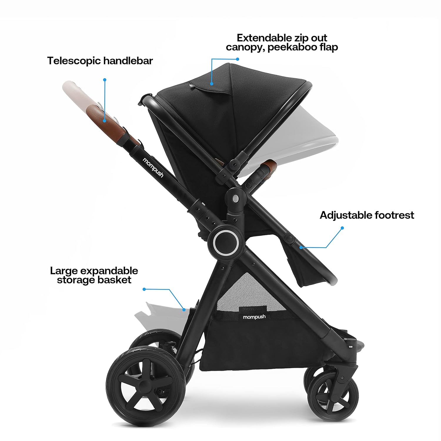 Mompush Ultimate 2 Baby Stroller for Infant and Toddler with Newborn Mode and Reversible Seat, All-Terrain Stroller with All-Wheel Suspension, Includes Car Seat Adapter and Large Storage Basket - 3