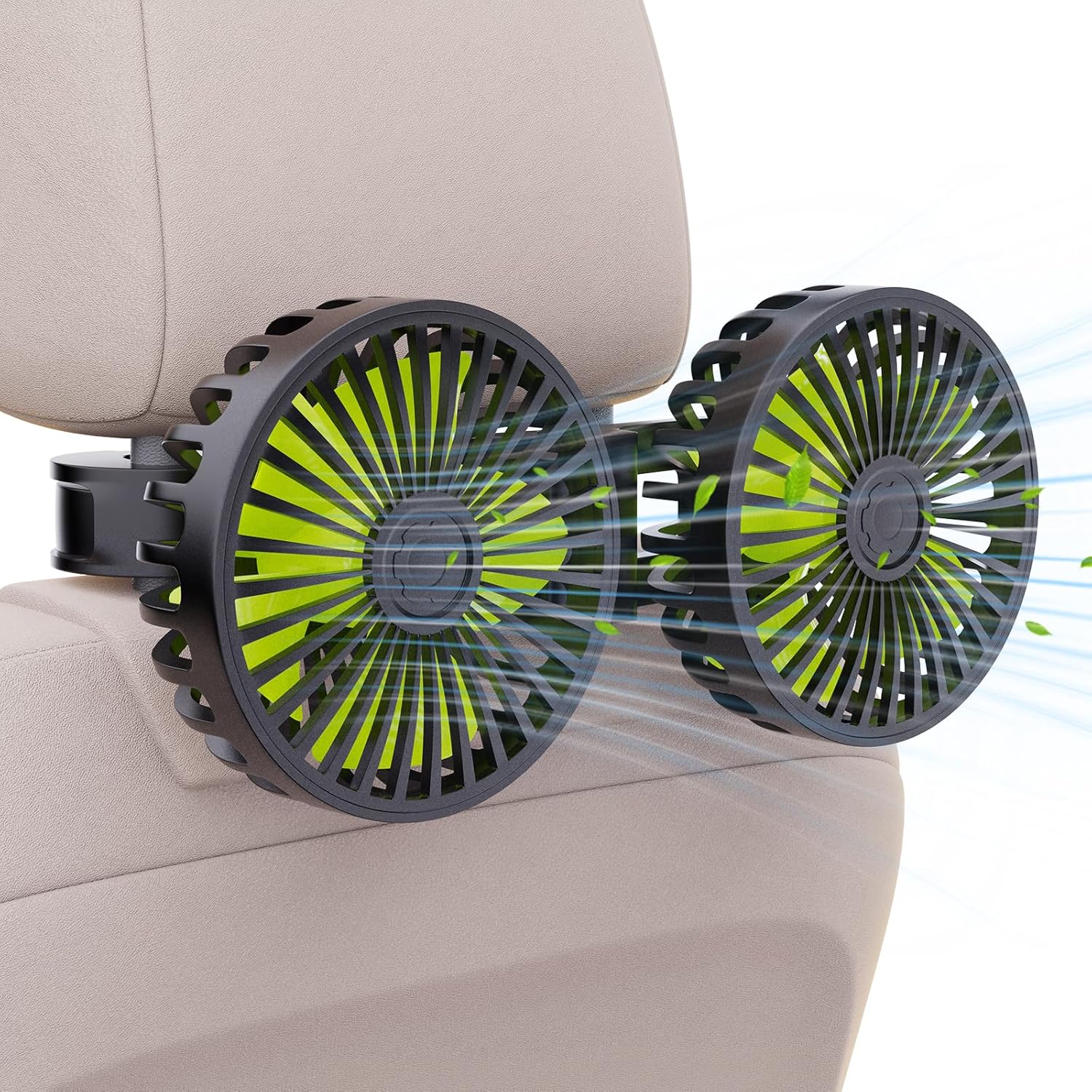 USB Car Cooling Fans for Backseat- Dual Head Car Fan for Kids 3 Speeds 360° Rotatable Vehicle Rear Headrest Fans 5V-2A Powerful Electric Air Circulation Fan for Sedan SUV RV Truck - 1