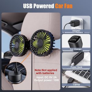 USB Car Cooling Fans for Backseat- Dual Head Car Fan for Kids 3 Speeds 360° Rotatable Vehicle Rear Headrest Fans 5V-2A Powerful Electric Air Circulation Fan for Sedan SUV RV Truck - 2