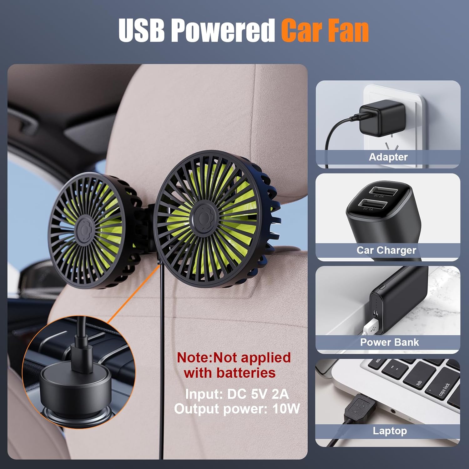 USB Car Cooling Fans for Backseat- Dual Head Car Fan for Kids 3 Speeds 360° Rotatable Vehicle Rear Headrest Fans 5V-2A Powerful Electric Air Circulation Fan for Sedan SUV RV Truck - 2