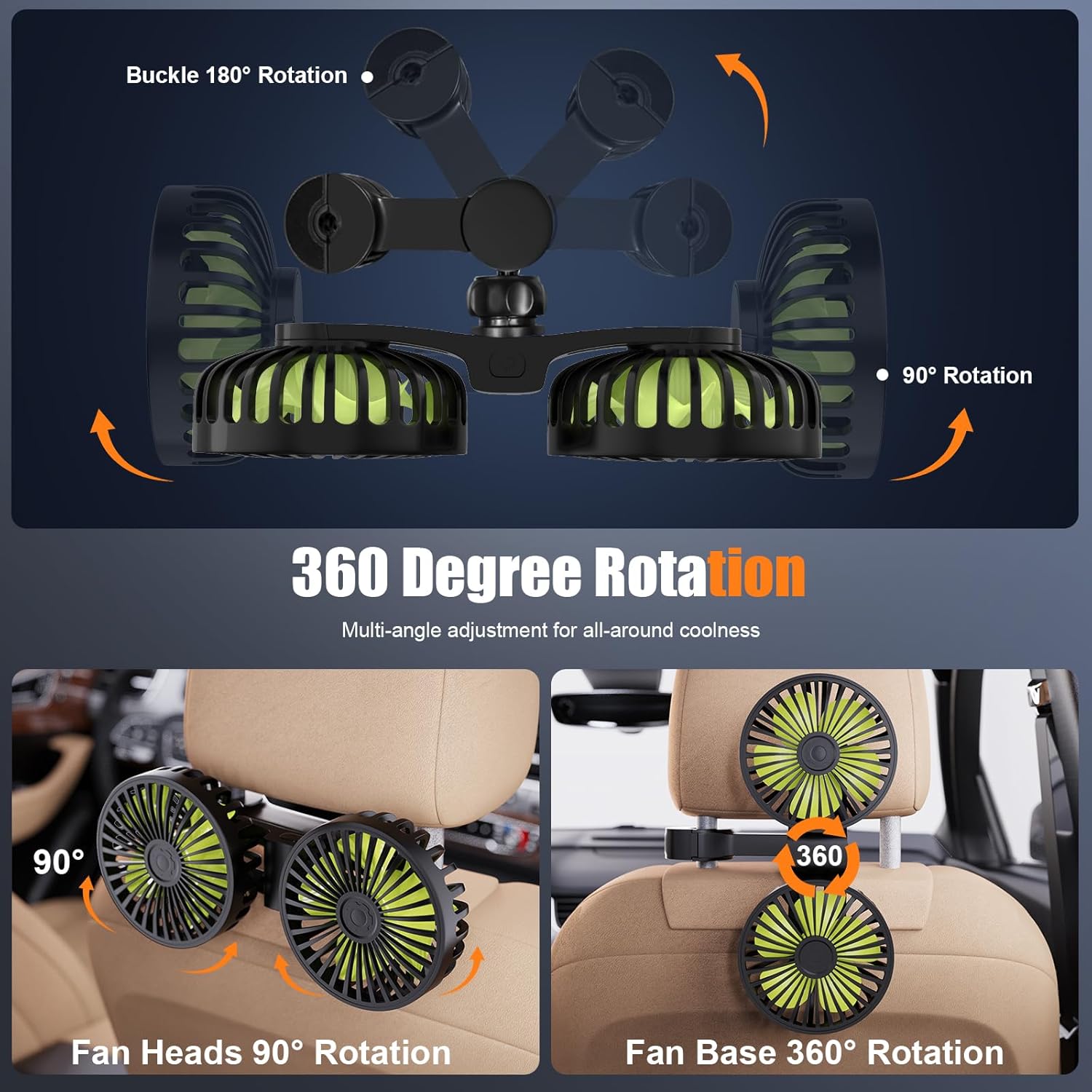 USB Car Cooling Fans for Backseat- Dual Head Car Fan for Kids 3 Speeds 360° Rotatable Vehicle Rear Headrest Fans 5V-2A Powerful Electric Air Circulation Fan for Sedan SUV RV Truck - 4
