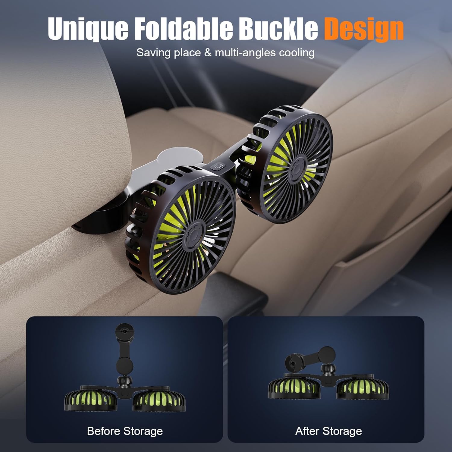 USB Car Cooling Fans for Backseat- Dual Head Car Fan for Kids 3 Speeds 360° Rotatable Vehicle Rear Headrest Fans 5V-2A Powerful Electric Air Circulation Fan for Sedan SUV RV Truck - 5