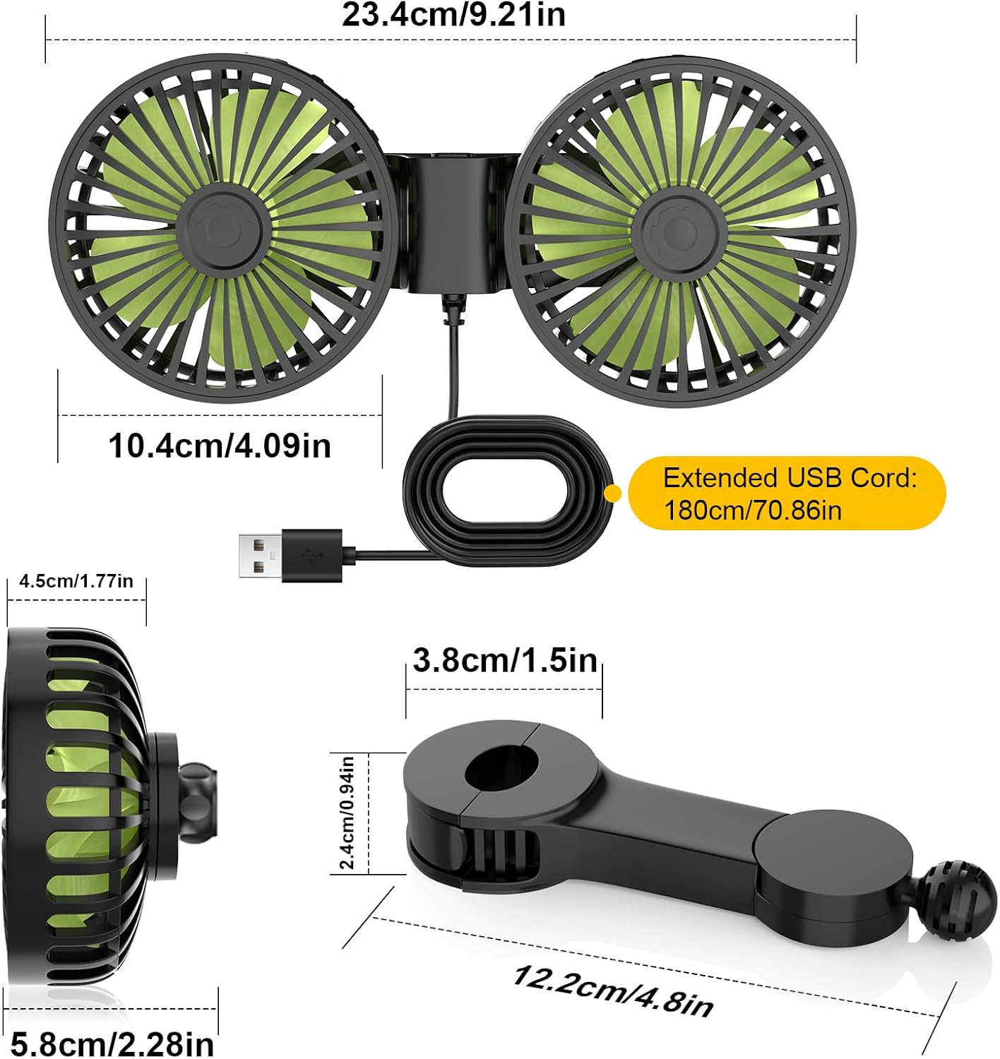 USB Car Cooling Fans for Backseat- Dual Head Car Fan for Kids 3 Speeds 360° Rotatable Vehicle Rear Headrest Fans 5V-2A Powerful Electric Air Circulation Fan for Sedan SUV RV Truck - 7