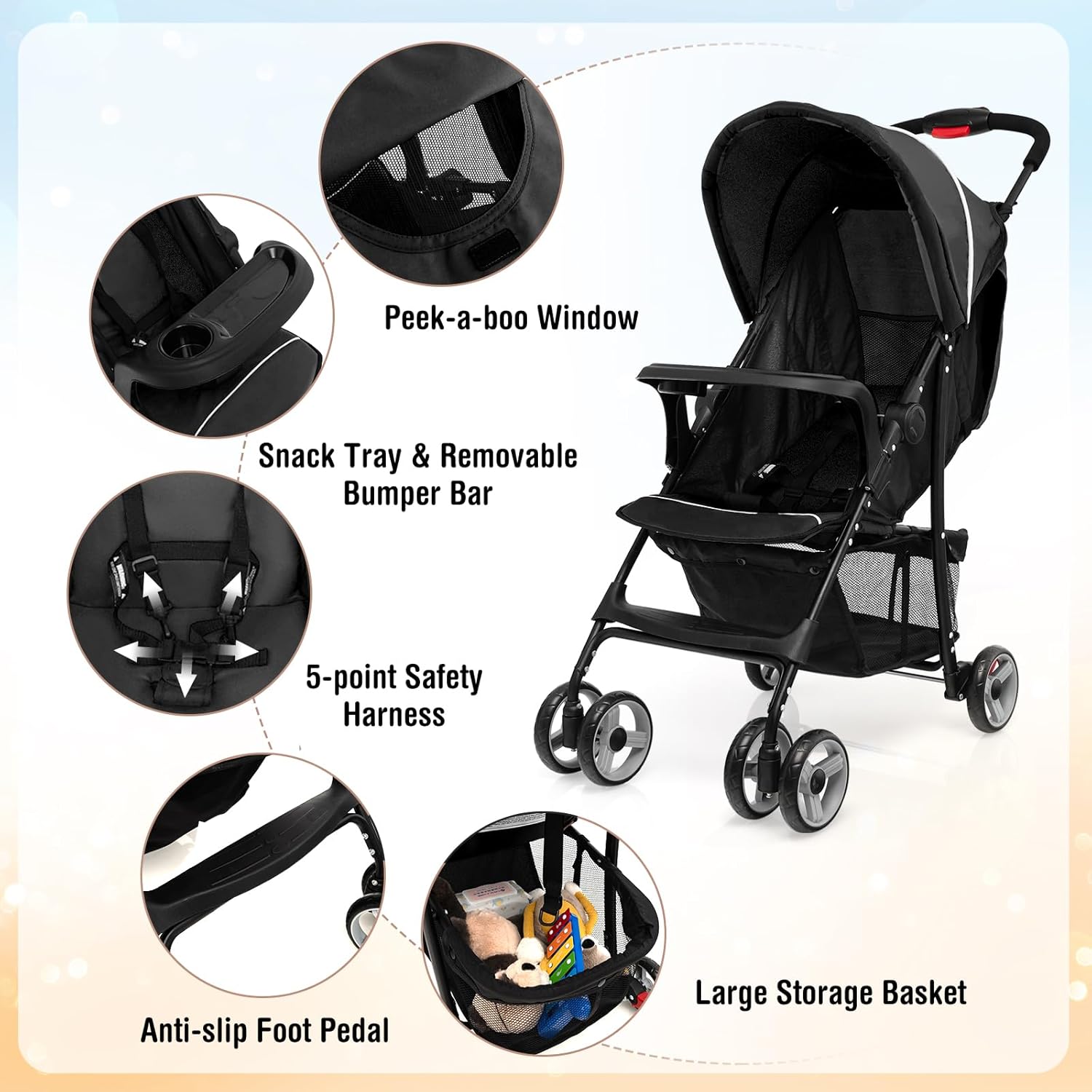 Baby Joy Lightweight Stroller, Compact Toddler Travel Stroller for Airplane, Infant Stroller w-Adjustable Backrest-Footrest-Canopy, 5-Point Harness, Storage Basket, Easy One-Hand Fold, Coffee - 2