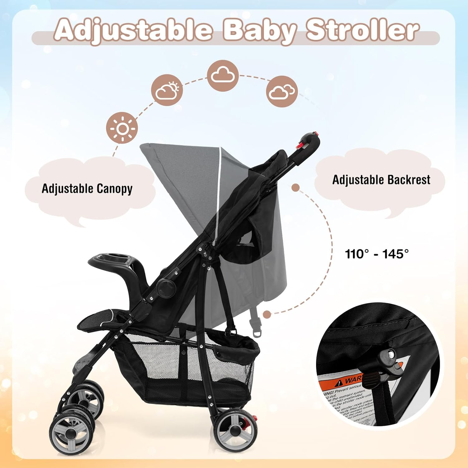 Baby Joy Lightweight Stroller, Compact Toddler Travel Stroller for Airplane, Infant Stroller w-Adjustable Backrest-Footrest-Canopy, 5-Point Harness, Storage Basket, Easy One-Hand Fold, Coffee - 4
