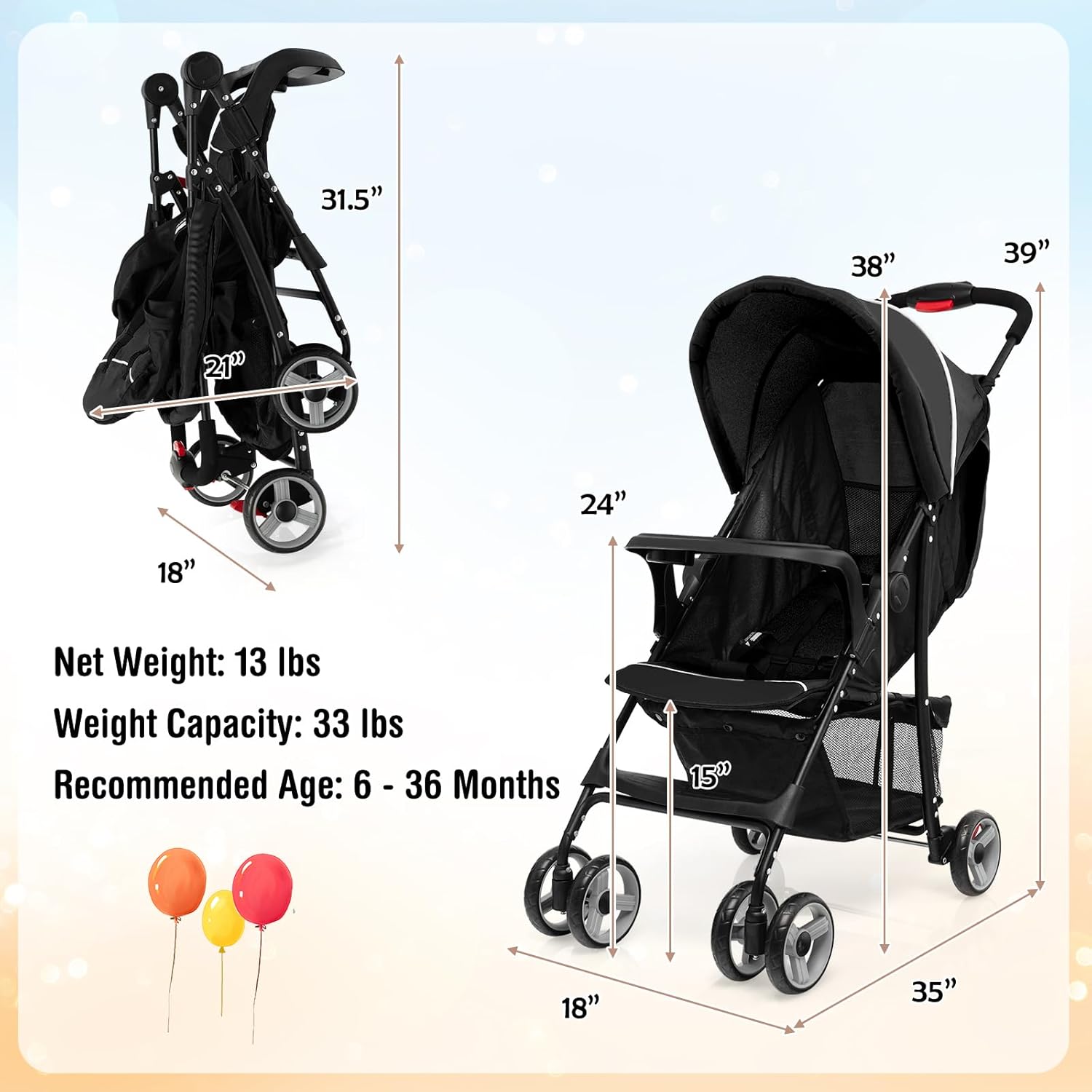 Baby Joy Lightweight Stroller, Compact Toddler Travel Stroller for Airplane, Infant Stroller w-Adjustable Backrest-Footrest-Canopy, 5-Point Harness, Storage Basket, Easy One-Hand Fold, Coffee - 7