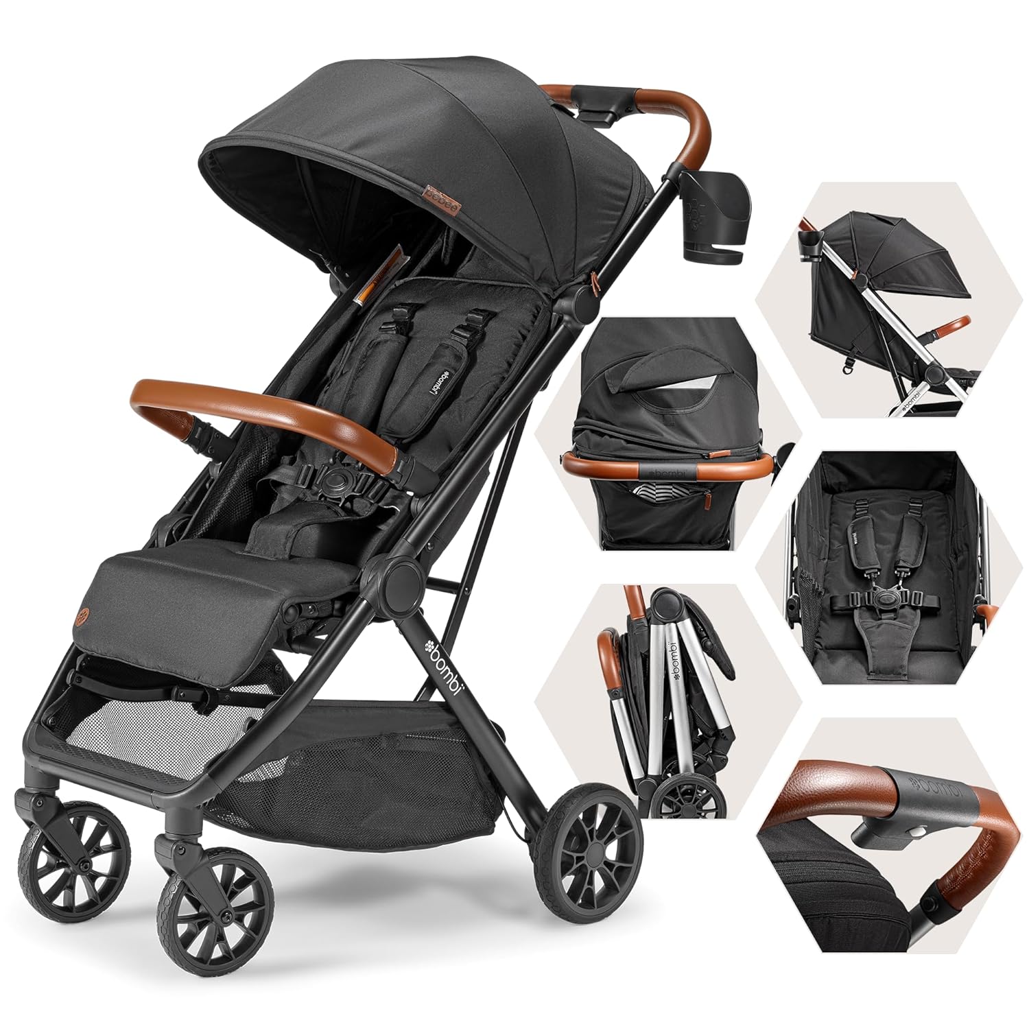 Bombi Bēbee V2 Lightweight Baby Stroller - Premium Vegan Leather, One-Hand Fold, Infinite Recline, Aircraft-Grade Aluminum Frame, XXL Canopy, and Ample Storage Umbrella Stroller - Hickory - 1