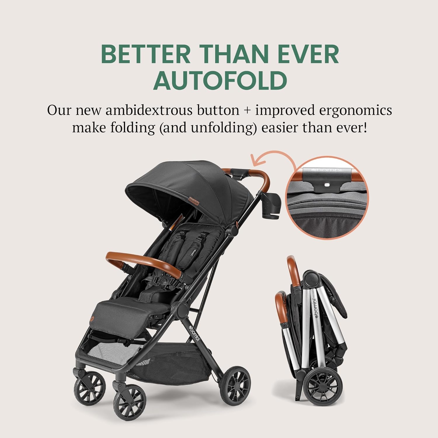 Bombi Bēbee V2 Lightweight Baby Stroller - Premium Vegan Leather, One-Hand Fold, Infinite Recline, Aircraft-Grade Aluminum Frame, XXL Canopy, and Ample Storage Umbrella Stroller - Hickory - 2