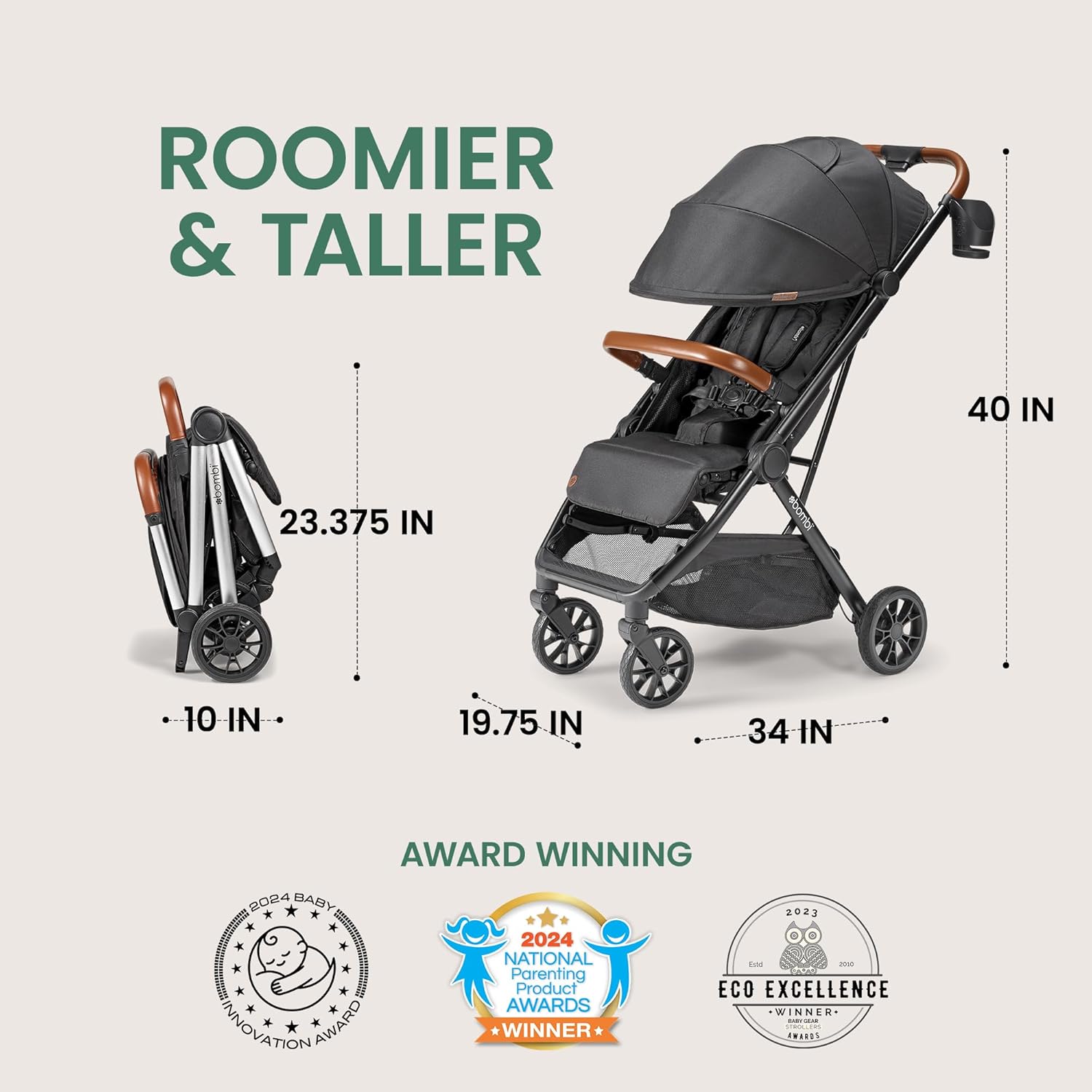 Bombi Bēbee V2 Lightweight Baby Stroller - Premium Vegan Leather, One-Hand Fold, Infinite Recline, Aircraft-Grade Aluminum Frame, XXL Canopy, and Ample Storage Umbrella Stroller - Hickory - 4