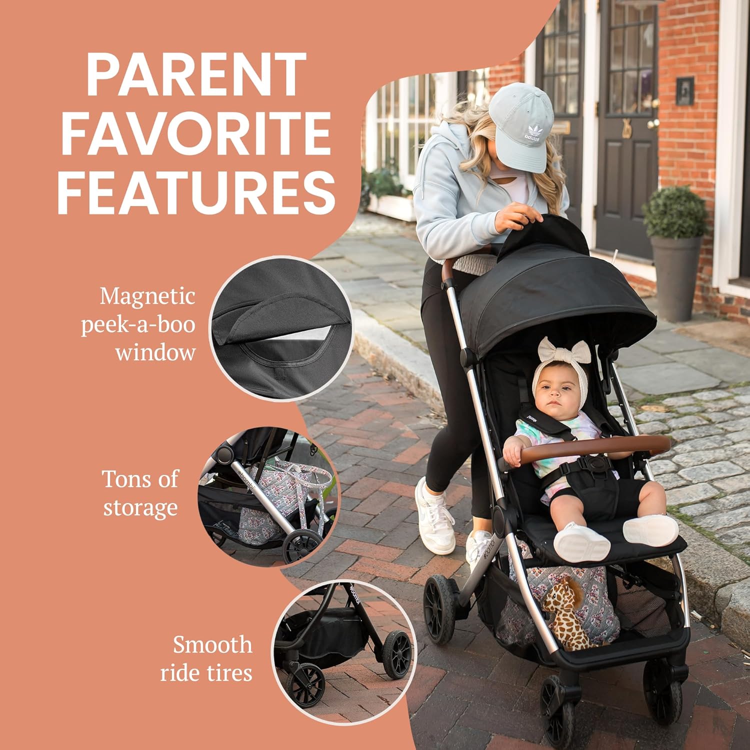 Bombi Bēbee V2 Lightweight Baby Stroller - Premium Vegan Leather, One-Hand Fold, Infinite Recline, Aircraft-Grade Aluminum Frame, XXL Canopy, and Ample Storage Umbrella Stroller - Hickory - 5