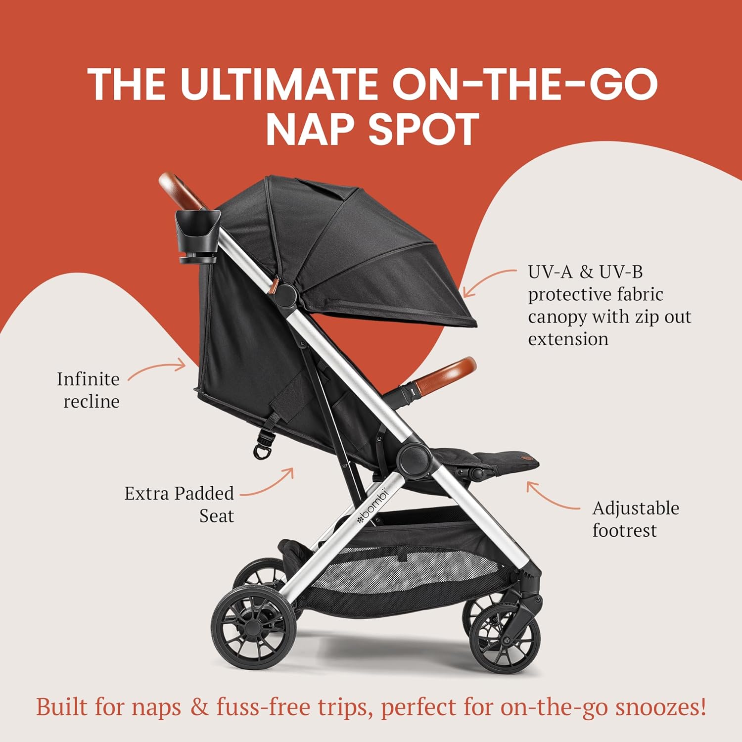 Bombi Bēbee V2 Lightweight Baby Stroller - Premium Vegan Leather, One-Hand Fold, Infinite Recline, Aircraft-Grade Aluminum Frame, XXL Canopy, and Ample Storage Umbrella Stroller - Hickory - 6