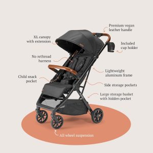 Bombi Bēbee V2 Lightweight Baby Stroller - Premium Vegan Leather, One-Hand Fold, Infinite Recline, Aircraft-Grade Aluminum Frame, XXL Canopy, and Ample Storage Umbrella Stroller - Hickory - 9