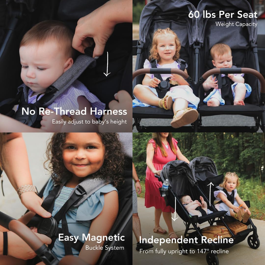 Strolee Lightweight Double Side by Side Stroller - 22 Lbs, 9.5 Compact Fold, Twin Nap Ready Seating, No Rethread Harness, Magnetic Buckle & Ultra Plush Seat 60Lb Max Per Seat- 6