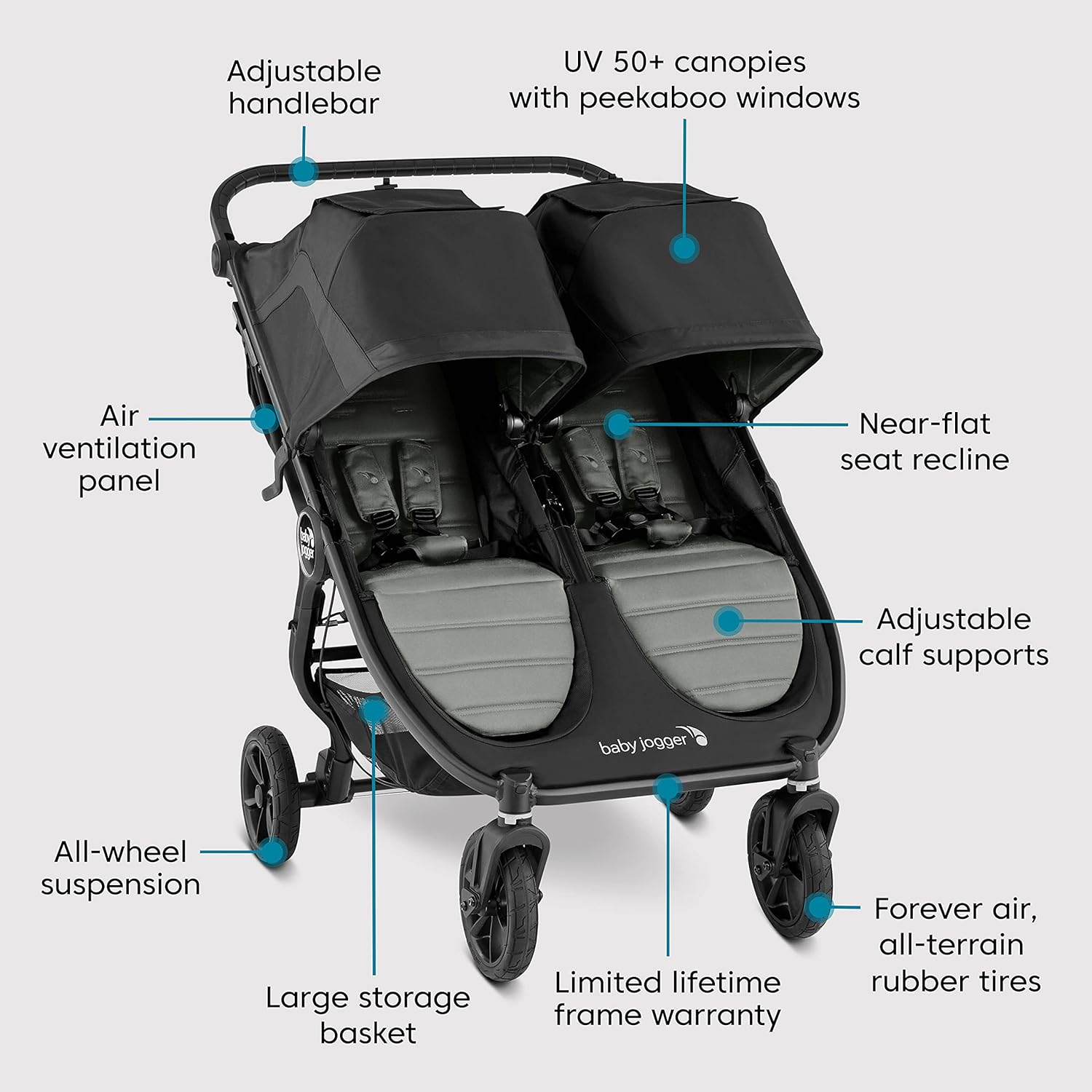 Baby Jogger City Mini GT2 All-Terrain Double Stroller, Slate , 41.1 x 30.5 x 43.1 Inch (Pack of 1) - 7