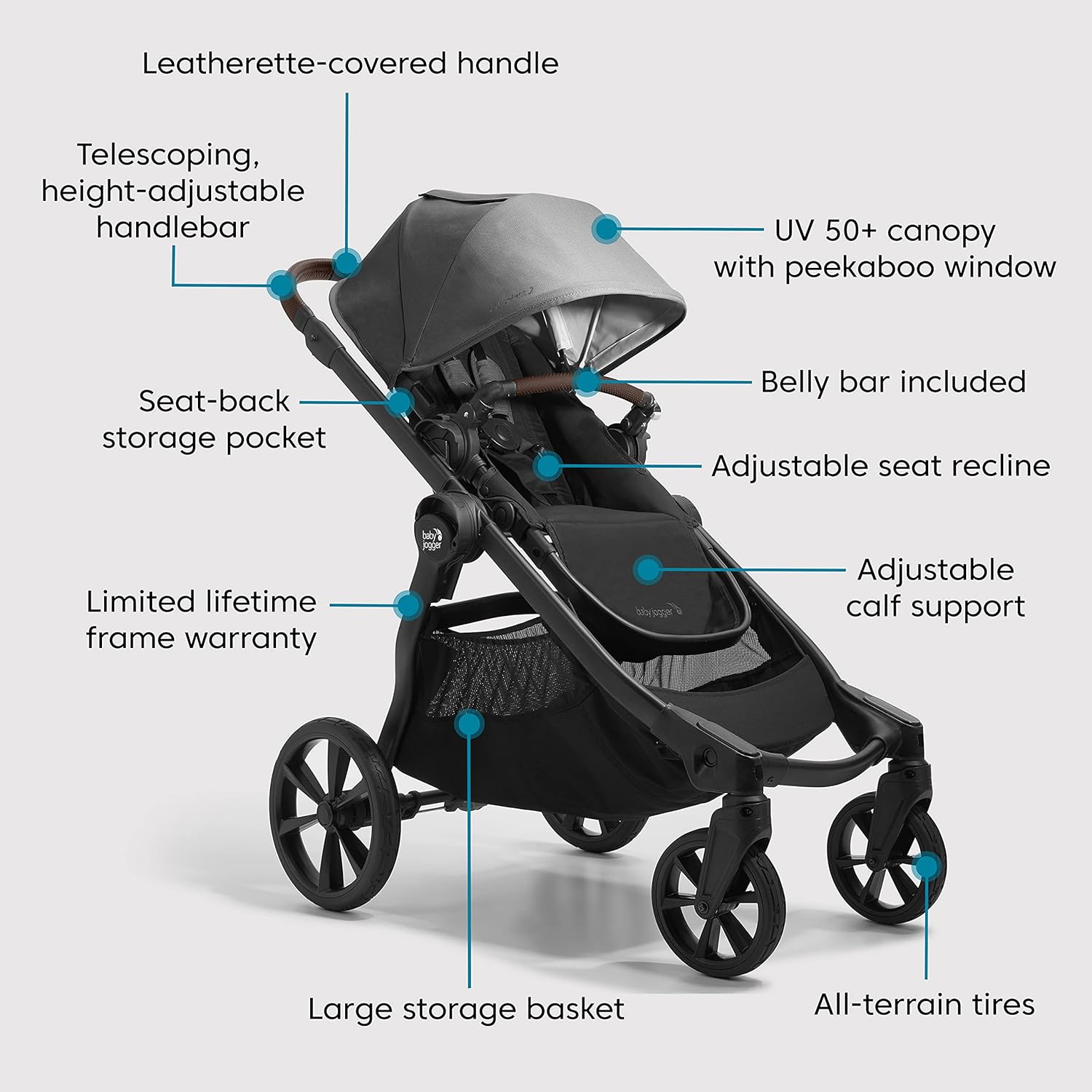 Baby Jogger City Select 2 Single-to-Double Modular Stroller Eco Collection Harbor & Tencel Grey - 6