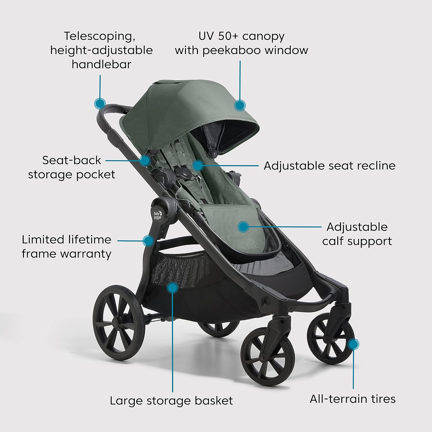 Baby Jogger® City Select® 2 Single-to-Double Modular Stroller, Flint Sage - 6