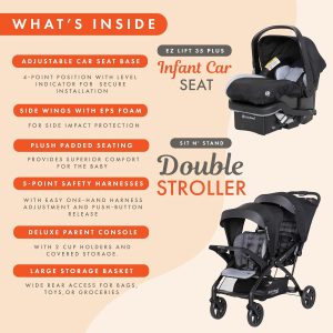 Baby Trend Infant and Toddler Double Stroller & Car Seat Combo, 2 Pc Set, Stormy - Lightweight and Compact Travel Stroller and Carseat Tandem for Babies, Infants, and Toddlers - 4
