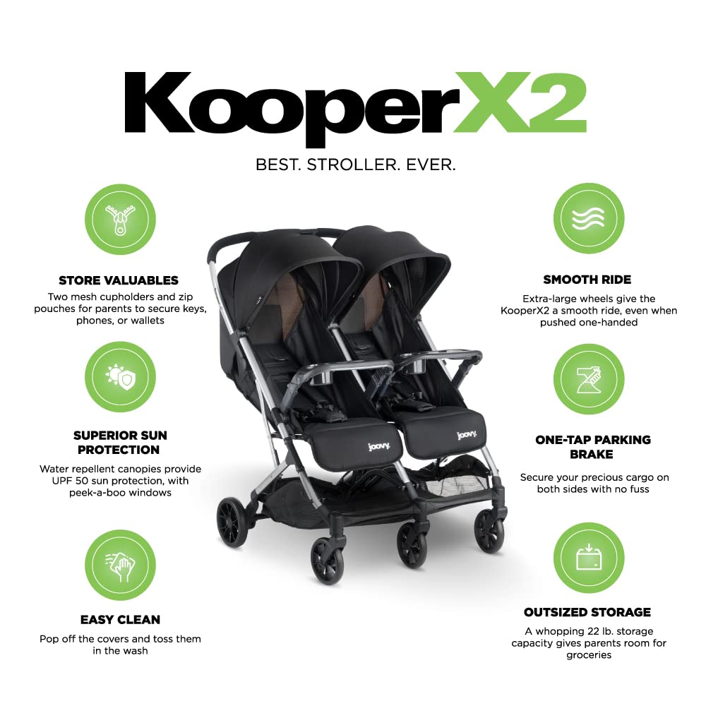 Joovy Kooper X2 Double Stroller, Lightweight Travel Stroller, Compact Fold with Tray, Black - 4
