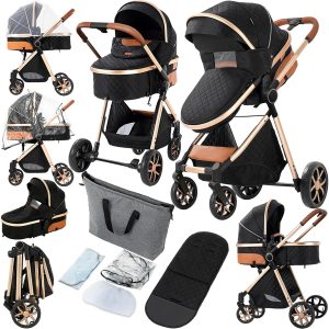 2 in 1 Baby Stroller, Convertible Pram, Reversible Standard Stroller, Portable Baby Buggy, Infant Carriage, Foldable High Landscape Pushchair for Toddler Newborn (225 Black Gold) - 1