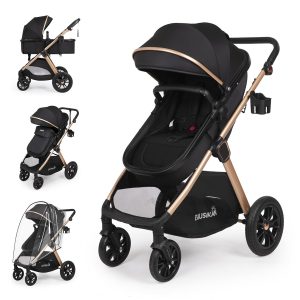 6-in-1 Convertible Baby Stroller with Bassinet Pushchair - Folding Infant Newborn Stroller w-Footmuff, Rain Cover, Cup Holder & Large Storage, Toddler w-All-Scene Large Wheels, Reversible Seat(Black) - 1