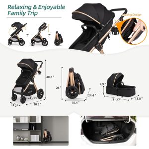 Alternative view of 6-in-1 Convertible Baby Stroller with Bassinet Pushchair - Folding Infant Newborn Stroller w/Footmuff, Rain Cover, Cup Holder & Large Storage, Toddler w/All-Scene Large Wheels, Reversible Seat(Black)