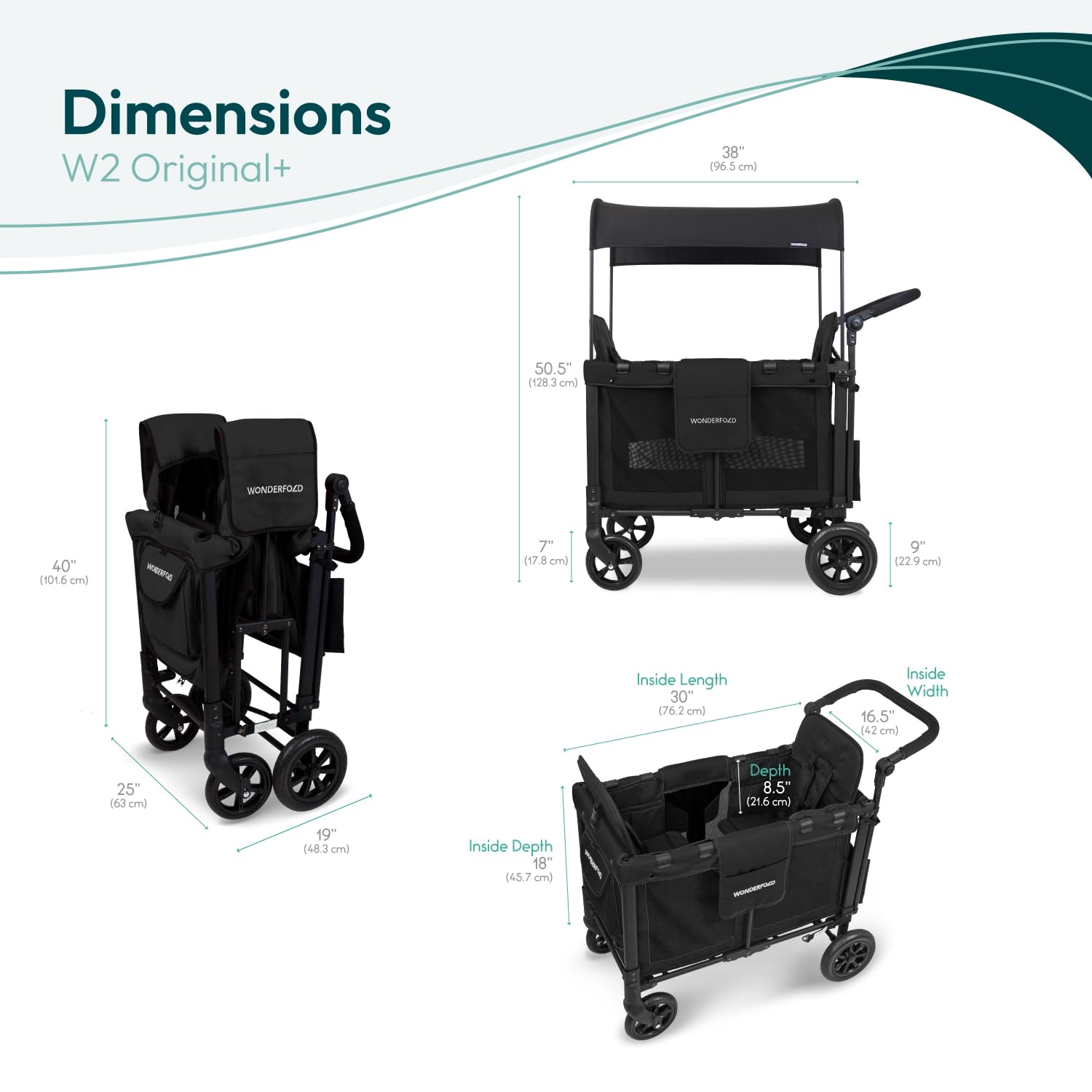 WonderFold W2 Stroller Wagon - Foldable Wagon with Steel Frame - Canopy & Adjustable Push Handle - All-Terrain Wheels - for Babies, Toddlers & Kids - 2 Seater - Black - Image 3
