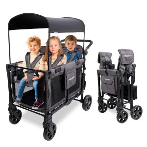 WonderFold W4 Elite Pro Stroller Wagon - Foldable Wagon with Aluminum Frame - Adjustable Canopy & Push Handle - All-Terrain Wheels - for Babies, Toddlers & Kids - 4 Seater - Gray - 1
